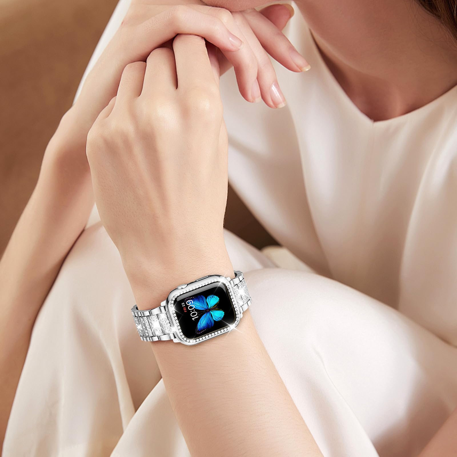 SUPOIX Luxury Bling Diamond Metal Band & 2 Pack Protective Case for Apple Watch Series 9/8/7 45mm - Elegant Jewelry Watch Strap for Women with Durable Cover (Silver) | Perfect for Daily Wear, Workouts & Special Occasions
