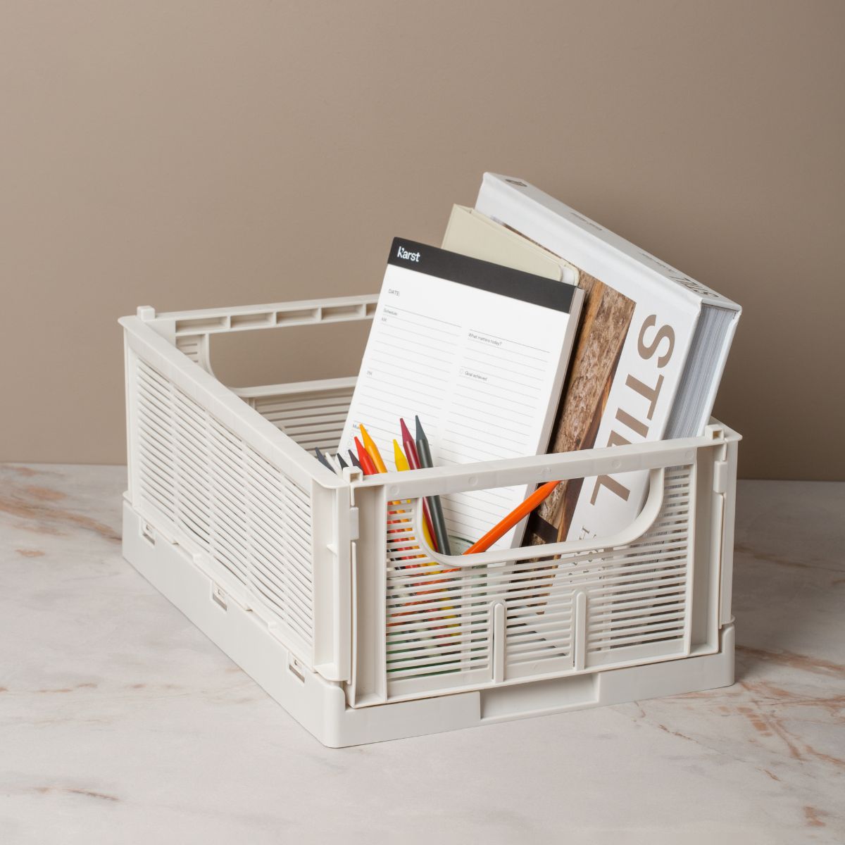 DESIGNSTUFF Linear Collapsible Storage Crate, Medium 33x25cm, Chalk White (Set of 2) - Perfect for Home Organization, Pantry Storage, and Office Supplies