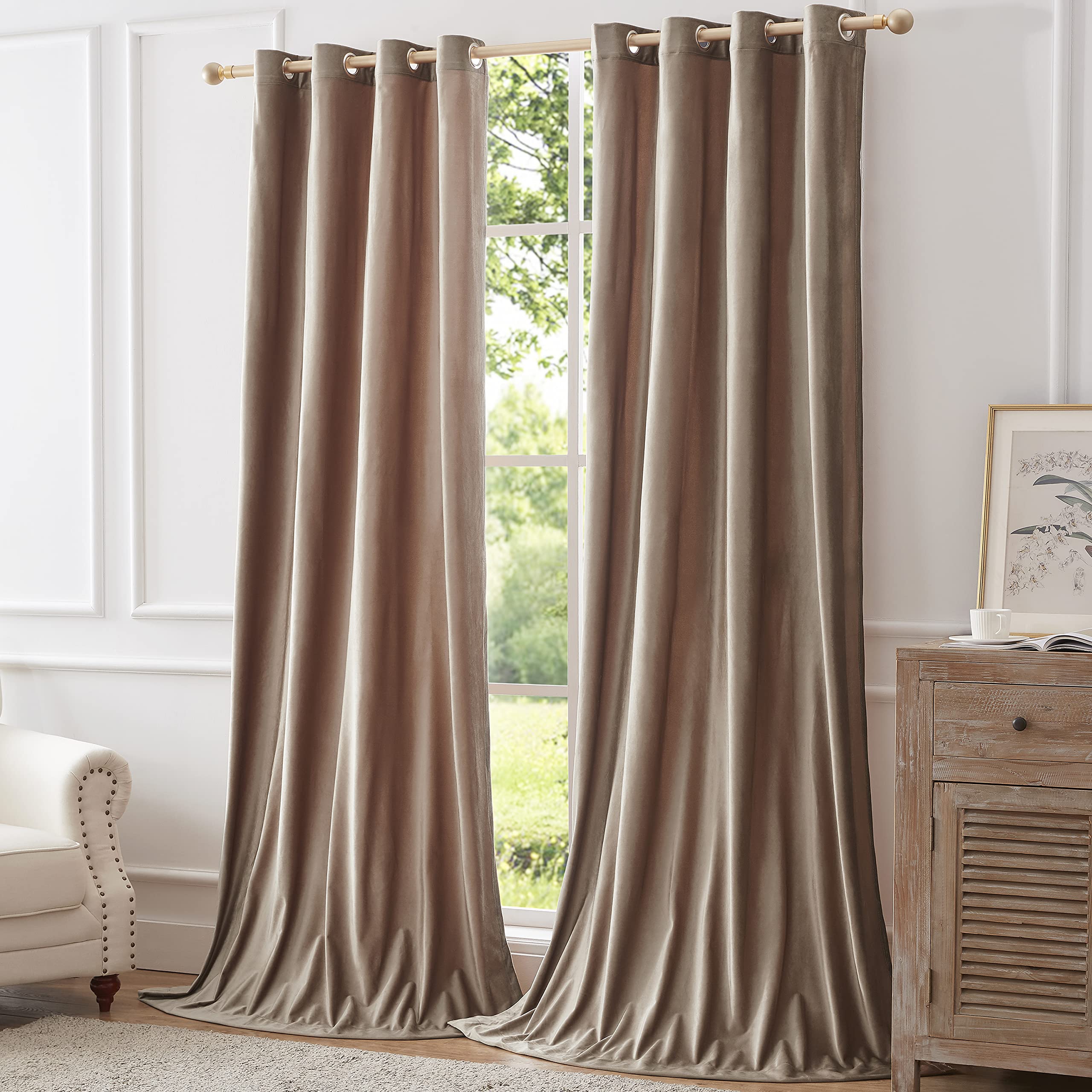 BULBUL Velvet Blackout Curtains 63 Inch Length - Thermal Insulated Room Darkening Drapes for Living Room & Bedroom, Set of 2 Panels in Taupe | Noise Reducing, Energy Saving Window Treatment for Home Decor