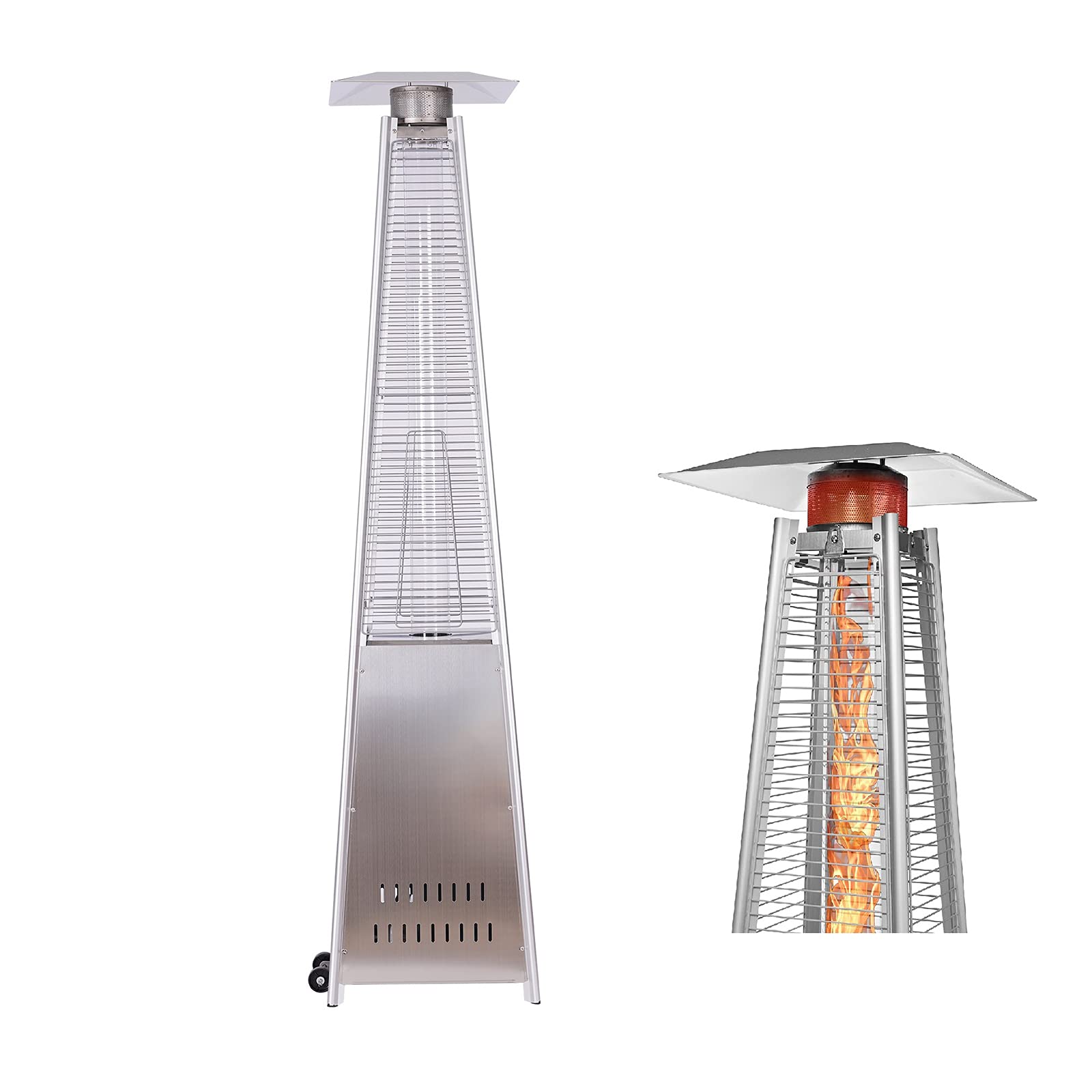 Portable Pyramid Propane Space Heater for Outdoor Patio - Stainless Steel Flame Heater with Wheels - Perfect for Backyard, Camping & Picnic Heating