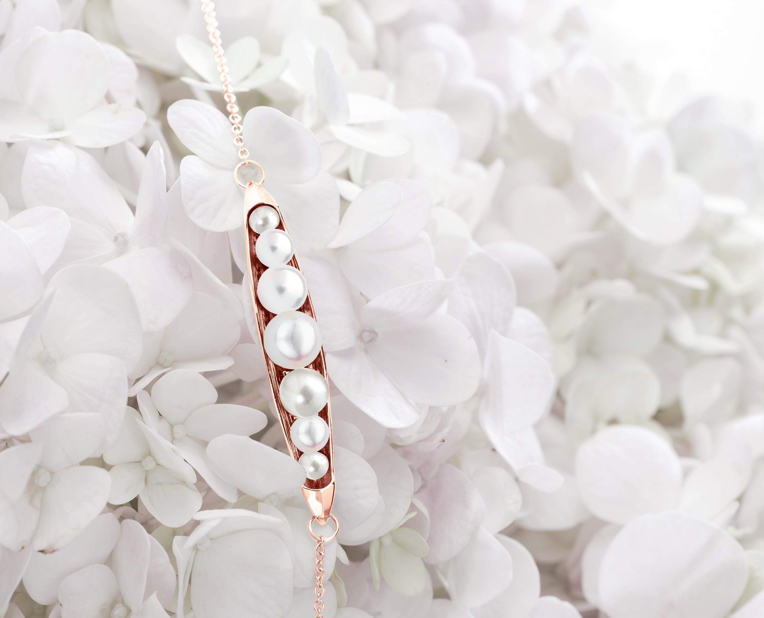 Majade 14K Rose Gold Pearl Bracelet - Handmade Fertility Birthstone Jewelry for Mom, Minimalist White Silver Pearl Bar Bracelet, June Birthstone Pea in a Pod Design - Perfect for Mother's Day Gifts, Wedding Accessories & Special Occasions