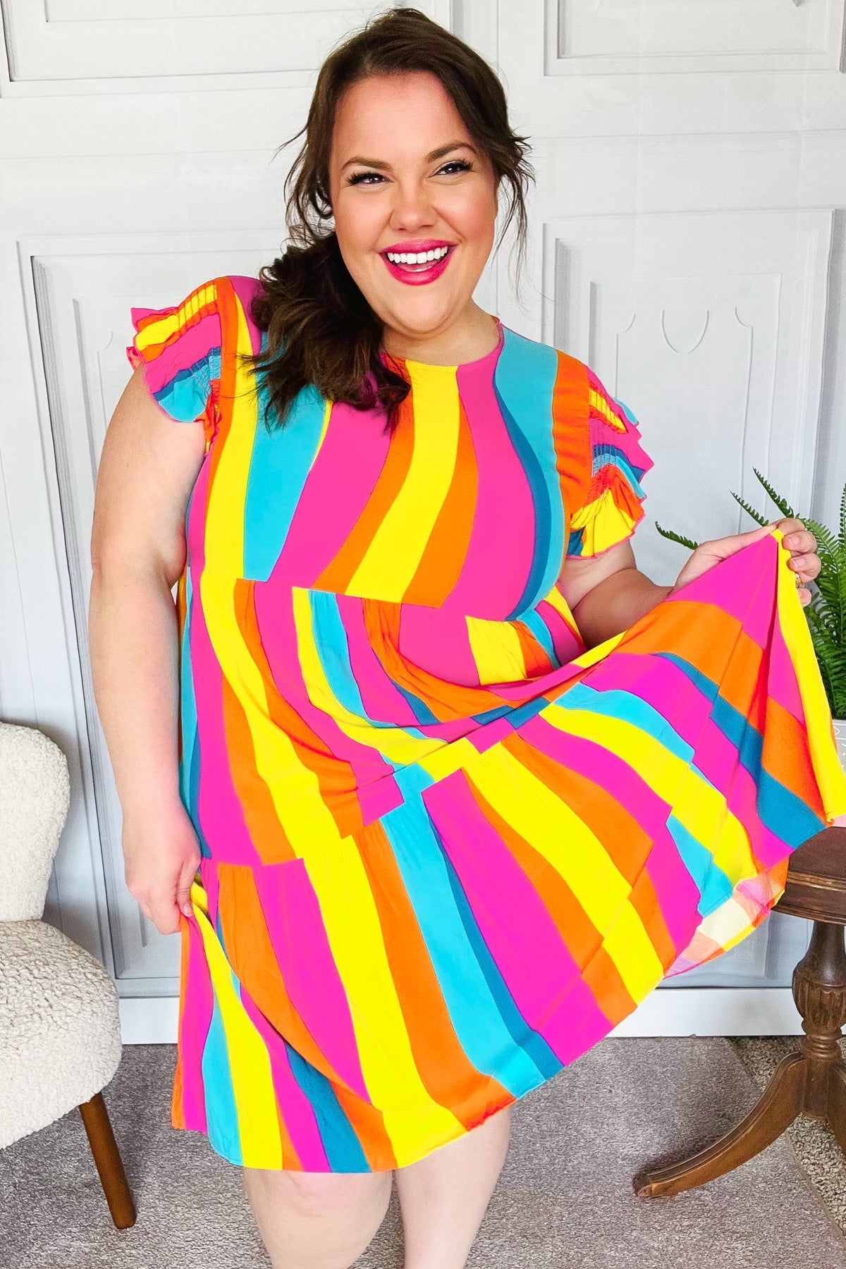 Eyes On You Multicolor Abstract Print Smocked Ruffle Sleeve Dress for Women | Flowy Summer Dress for Beach, Party & Date Night