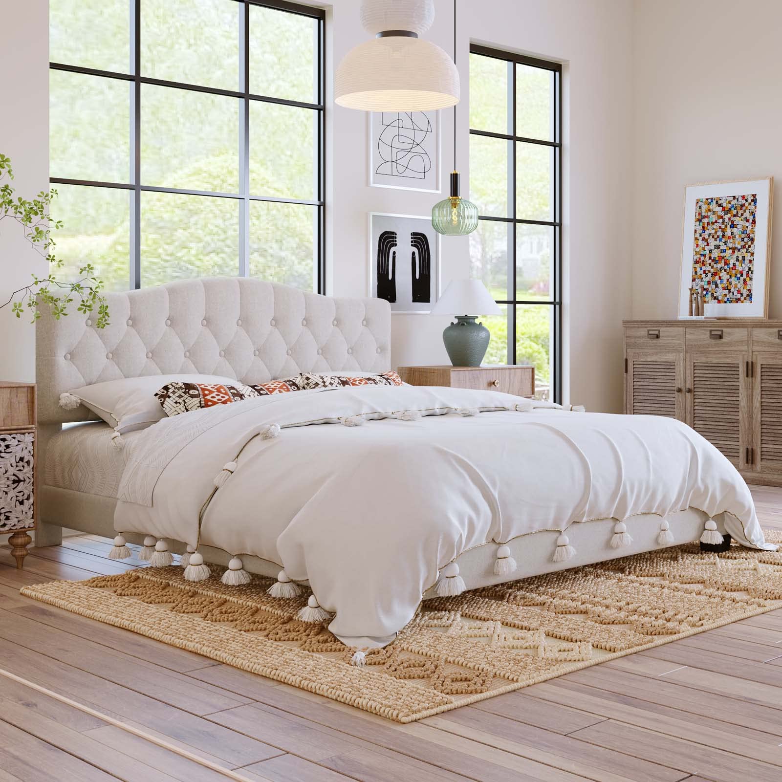 King Size Linen Upholstered Platform Bed Frame with Tufted Headboard - Sturdy Wooden Slat Support, Noise Free Design, No Box Spring Needed, Under Bed Storage Space - Perfect for Master Bedroom, Guest Room, Kids Room and Teen Bedroom (King)