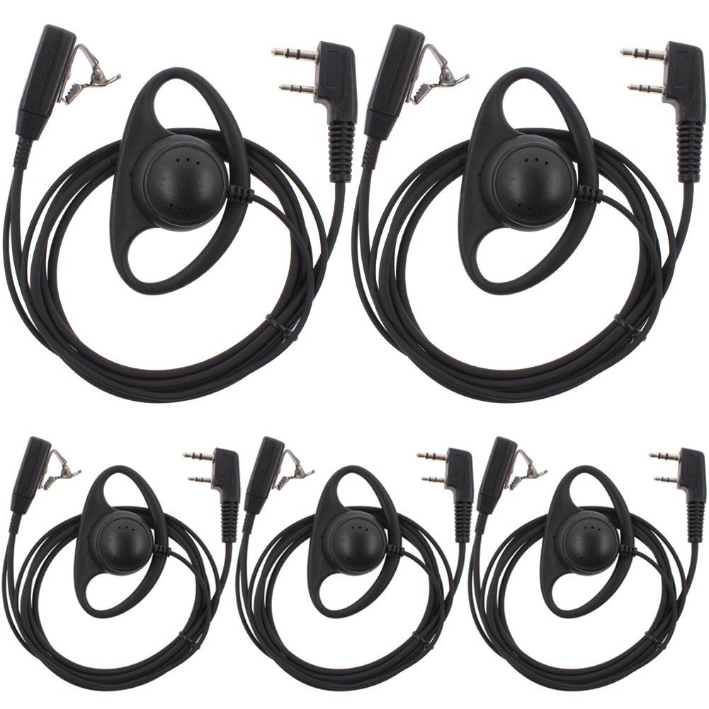 AOER 5 Pack D-Shaped Earpiece Headsets with PTT Button - Compatible with Kenwood, Puxing, Wouxun, Baofeng Two-Way Radios (2-Pin Connector) - Ideal for Security, Construction, and Outdoor Communication