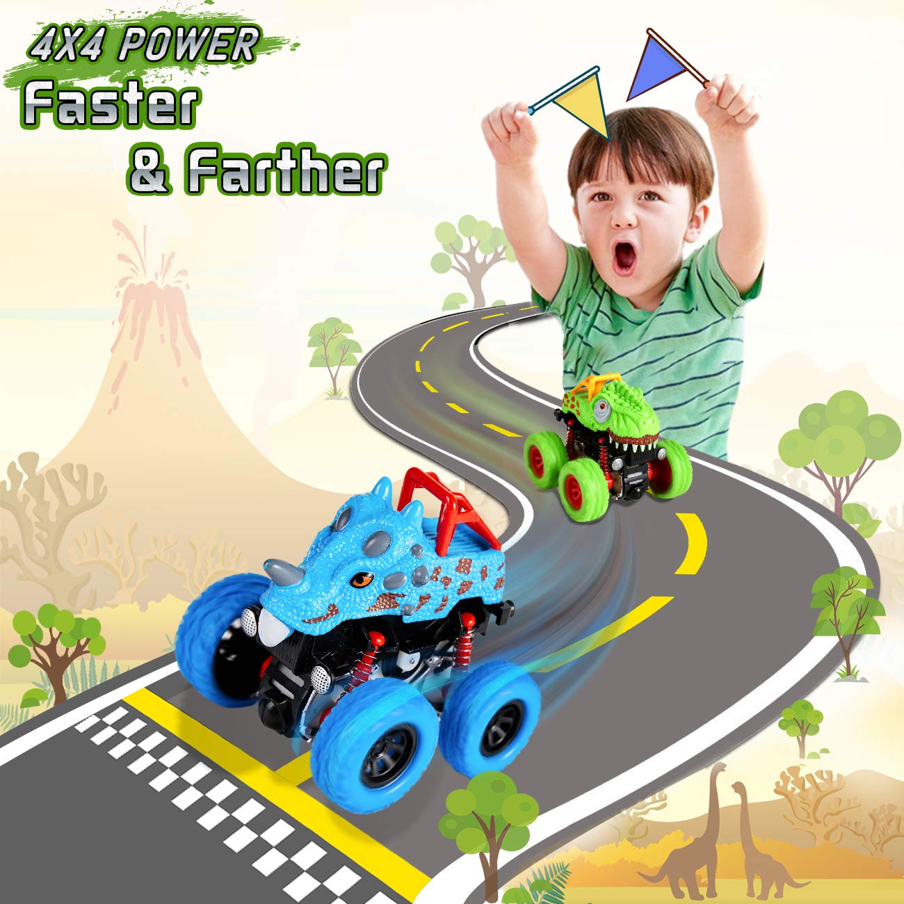 Dinosaur Toys for Kids Ages 2-6 - Push and Go Monster Truck Toy Cars with Dinosaurs for Toddler Boys - Best Christmas Birthday Gift for 2 3 4 5 Year Old Boys - Perfect for Pretend Play, Preschool Learning & Outdoor Adventures
