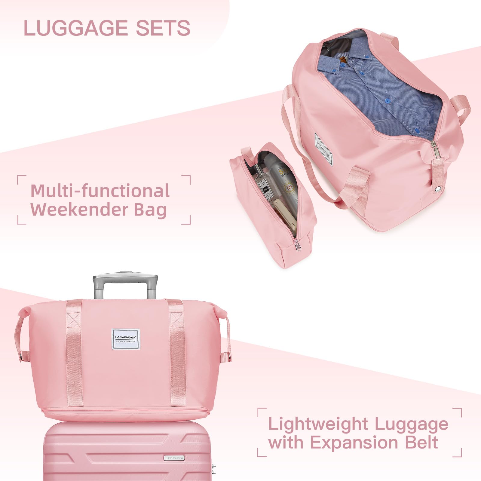 LARVENDER 3-Piece Hardside Luggage Set - 20 Inch Carry-On Airline Approved Suitcase with Spinner Wheels & TSA Lock - Lightweight Rolling Luggage for Men & Women (Pink) - Perfect for Business Trips, Vacations & International Travel