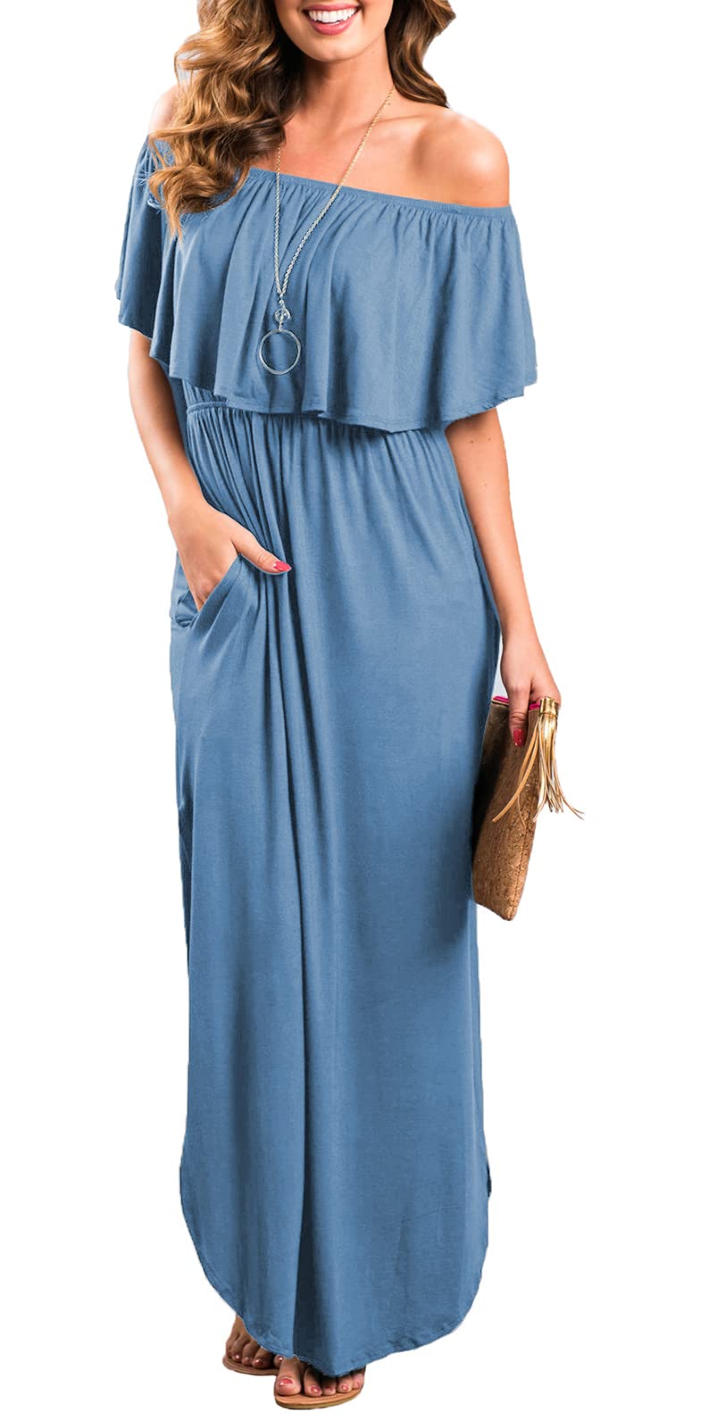 Elegant Women's Off-The-Shoulder Ruffle Party Dress with Side Slit - Flowy Beach Maxi Dress for Summer Weddings, Vacations & Night Out