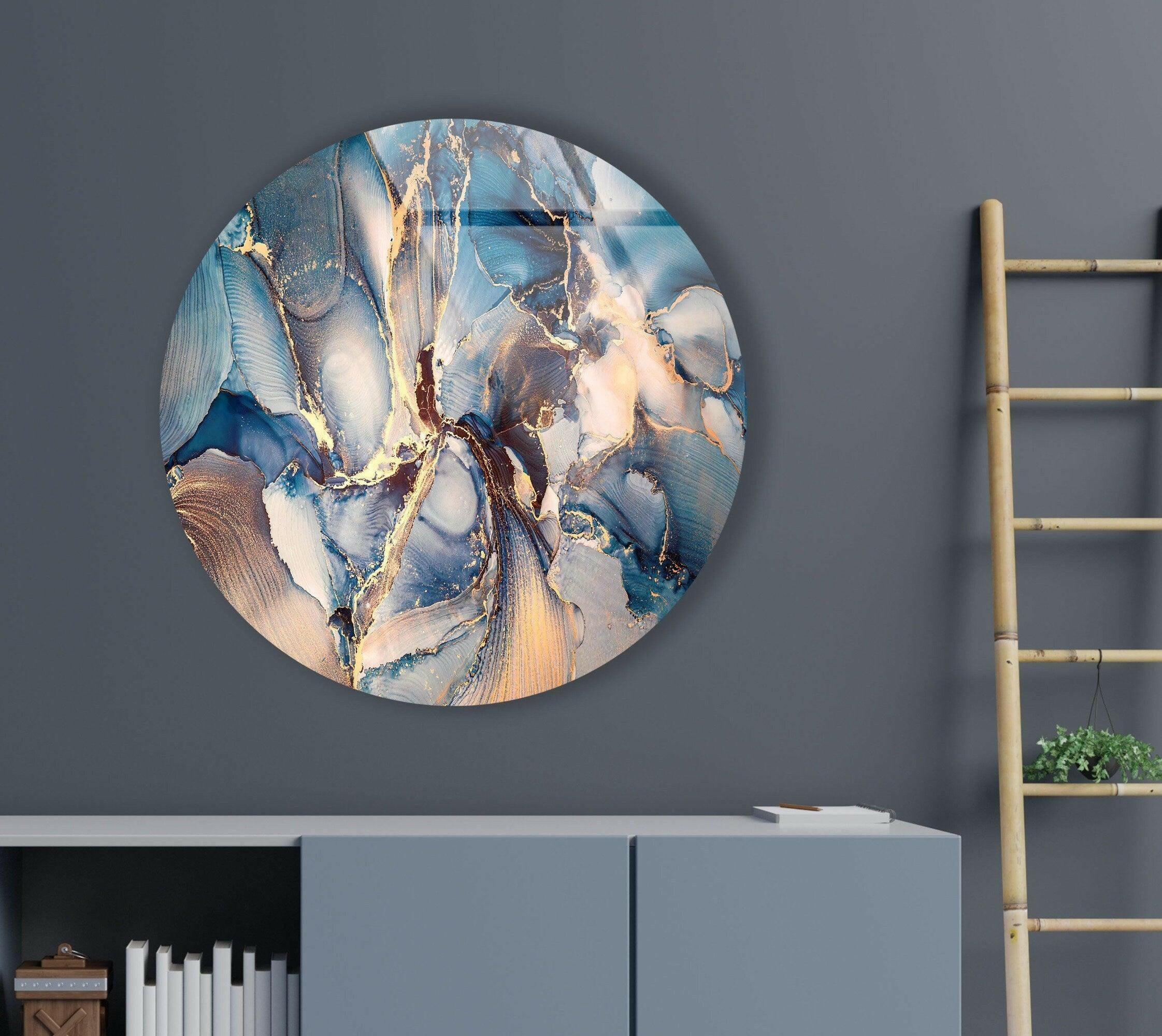 Blue Marble Pattern Round Glass Wall Art - Elegant Home Decor for Living Room, Bedroom & Office - Perfect for Modern & Contemporary Interior Design