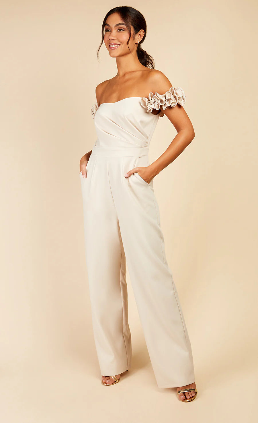 Linda Rosette Bardot Jumpsuit for Women - Elegant Cream One Piece Romper with V-Neck & Floral Lace Trim | Perfect for Summer Weddings, Beach Vacations & Date Nights