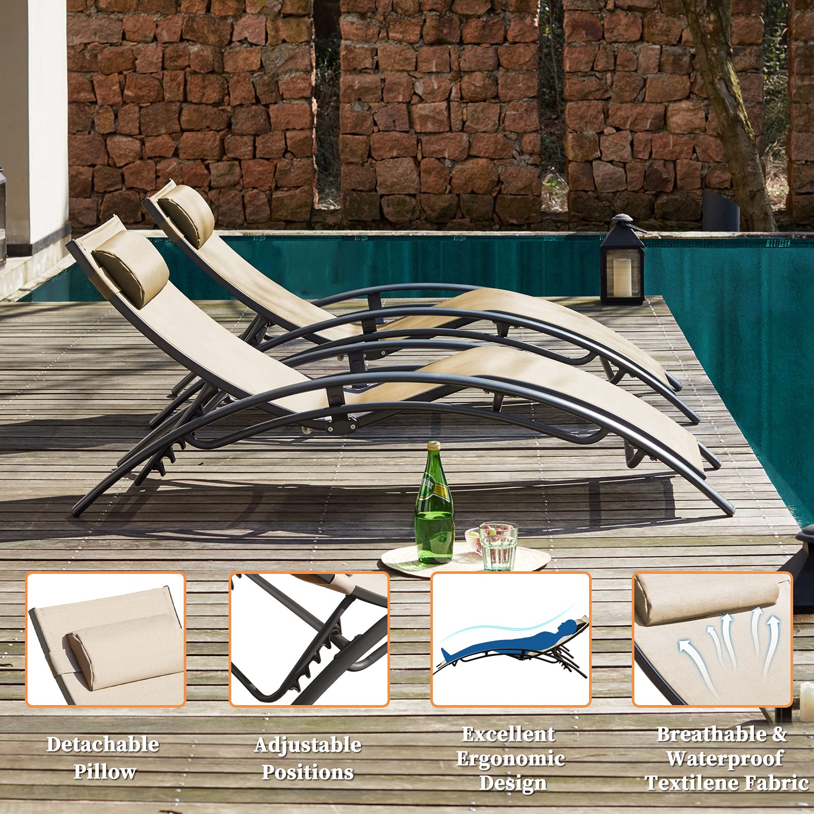 Outdoor Patio Chaise Lounge Chairs Set of 2 - Adjustable Backrest (5 Positions) with Headrest - Waterproof Poolside & Balcony Furniture - Cappuccino Color - Perfect for Sunbathing, Relaxing by the Pool, or Lounging on Your Deck
