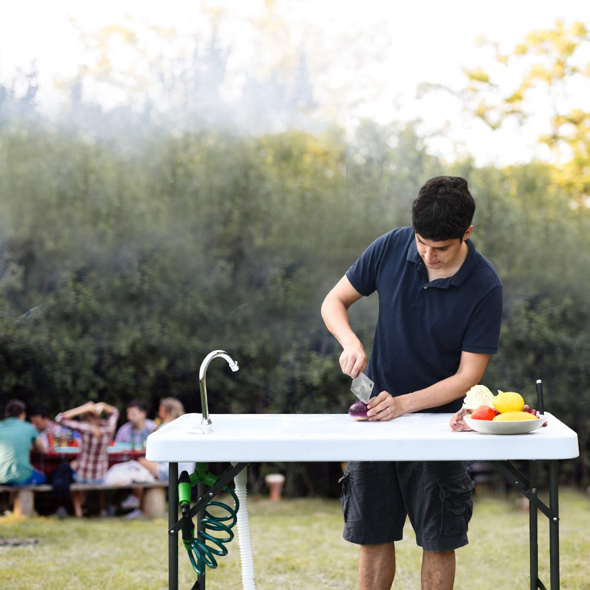 GYMAX Foldable Fish Cleaning Table with Sink & Adjustable Sprayer - Portable Outdoor Fillet Station with Rotatable Faucet for Fishing, Camping, Picnic, Backyard & Beach Use