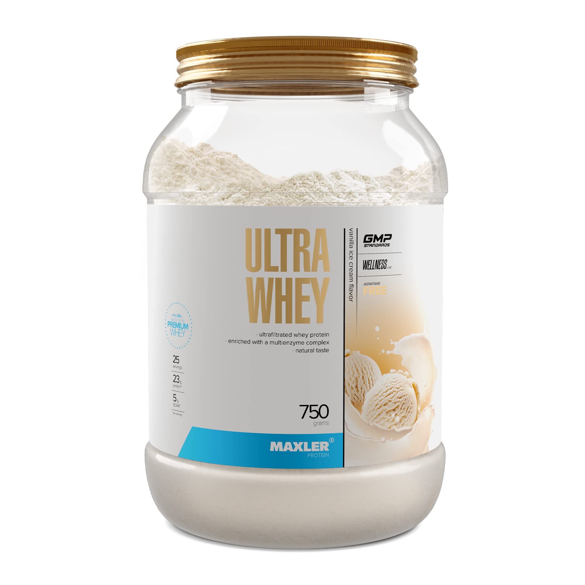 Maxler Ultra Whey Protein Powder - 23g Protein Per Serving - Pure Whey Protein Concentrate, Isolate & Hydrolysate with BCAA - Vanilla Ice Cream Flavor - 750g for Muscle Recovery & Post-Workout Nutrition