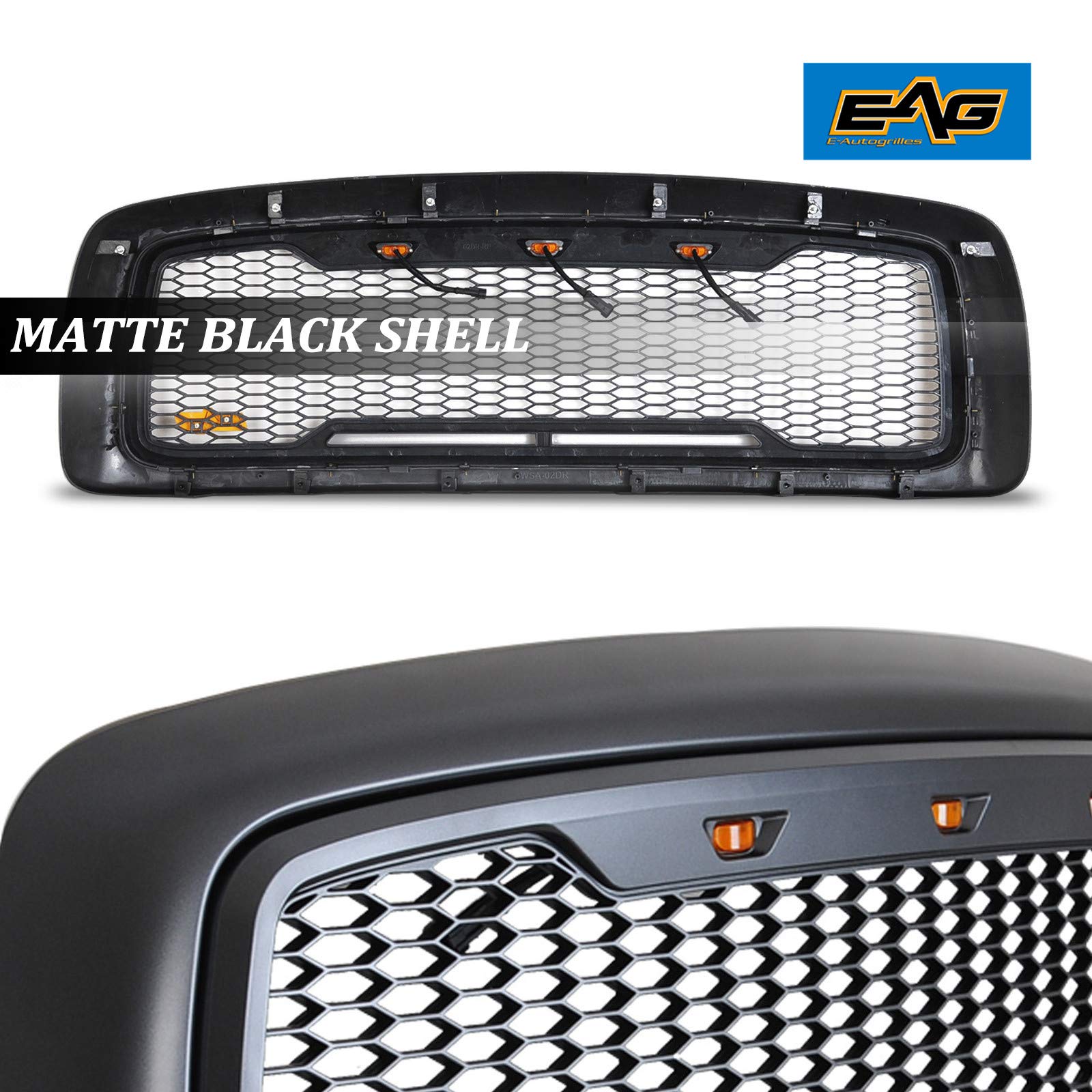 EAG Replacement ABS Upper Grille with Amber LED Lights - Charcoal Gray - Fits 2002-2005 Ram 1500/2500/3500 - Durable Front Grille Upgrade for Off-Road & Truck Customization