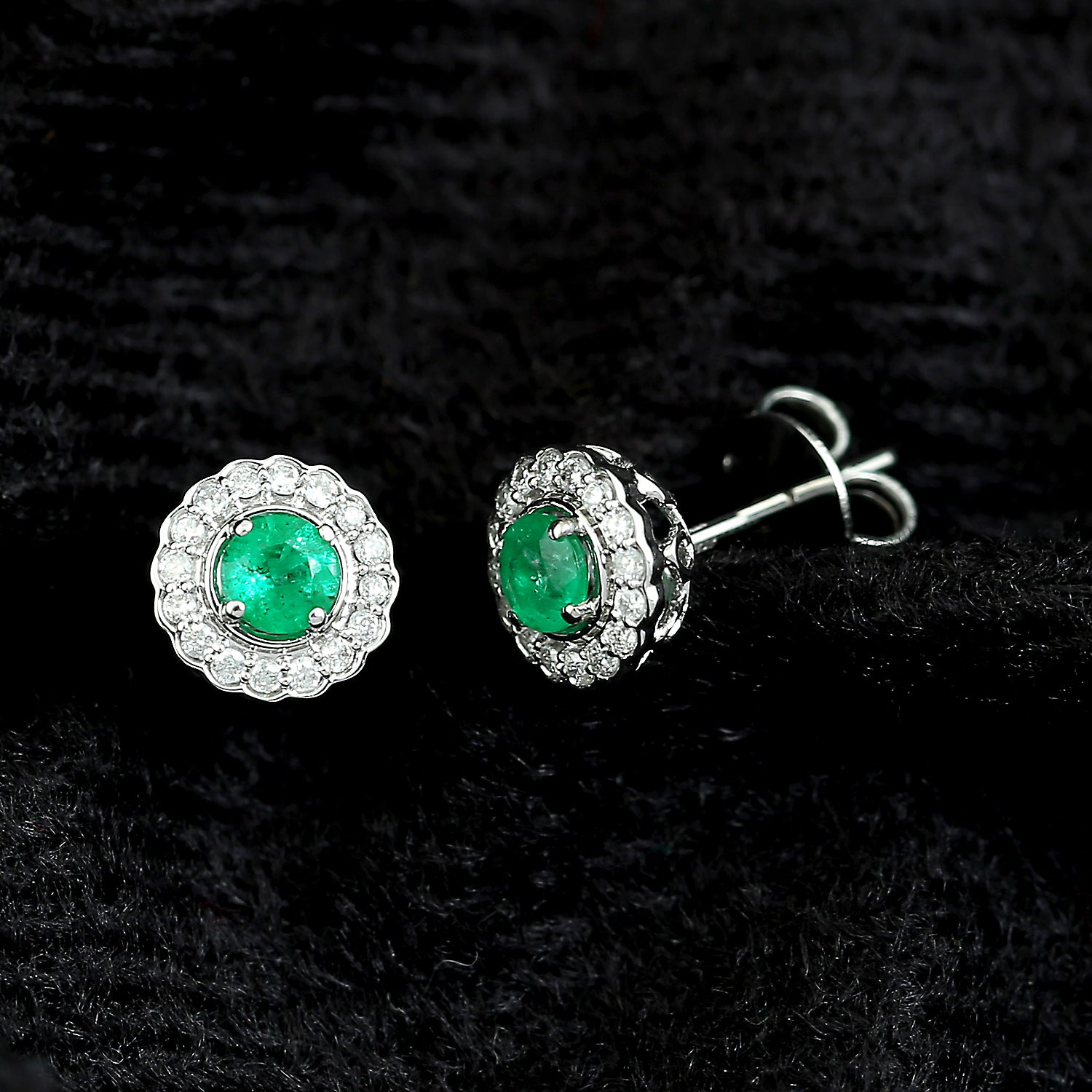 14K White Gold Emerald Gemstone Pave Diamond Stud Earrings for Women - Elegant Jewelry Gift for Birthday, Anniversary & Special Occasions