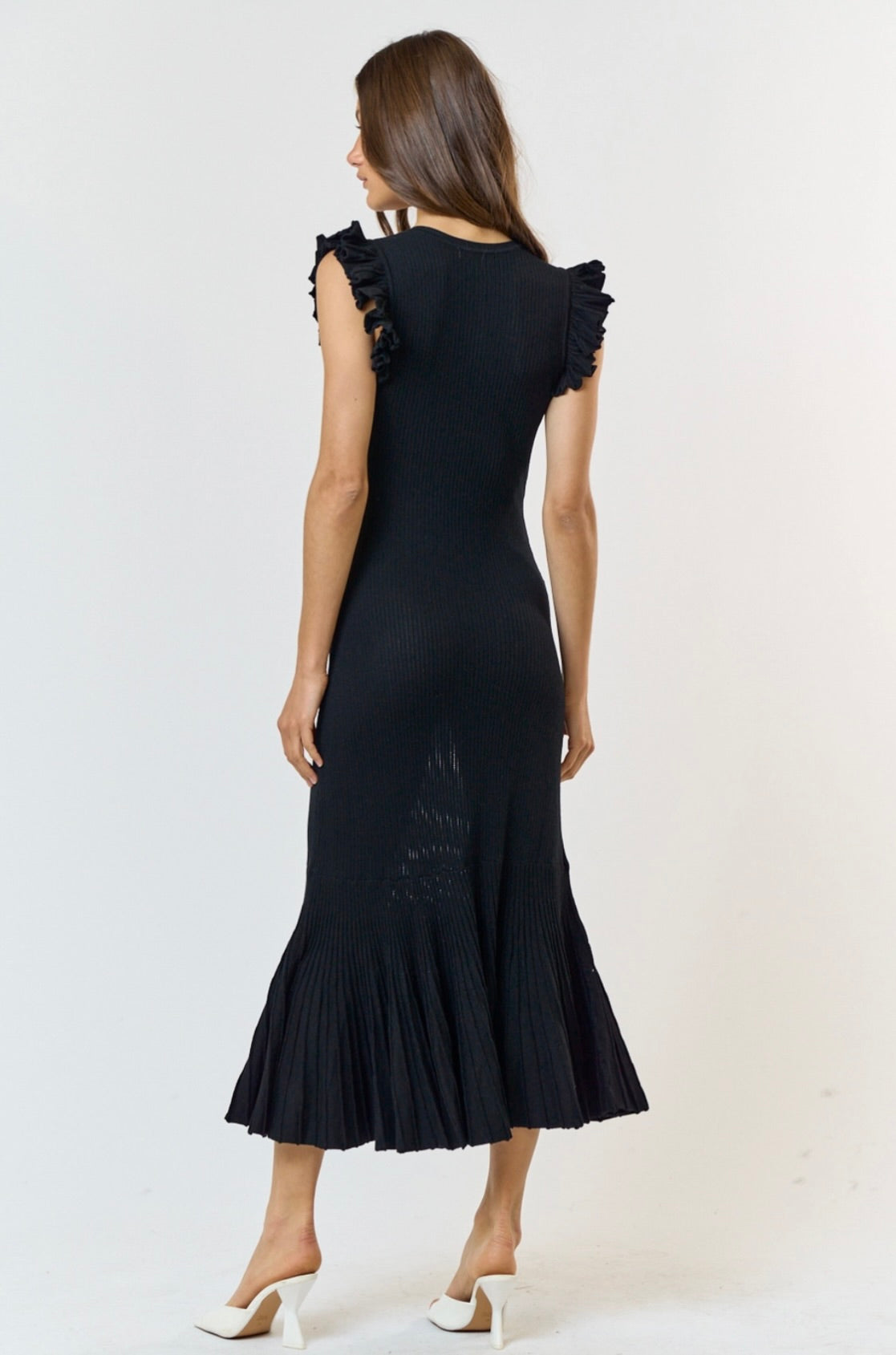 Black Ruffle Sleeve Pleated Mermaid Sweater Maxi Dress for Women - Elegant Party, Wedding Guest & Formal Occasion Outfit
