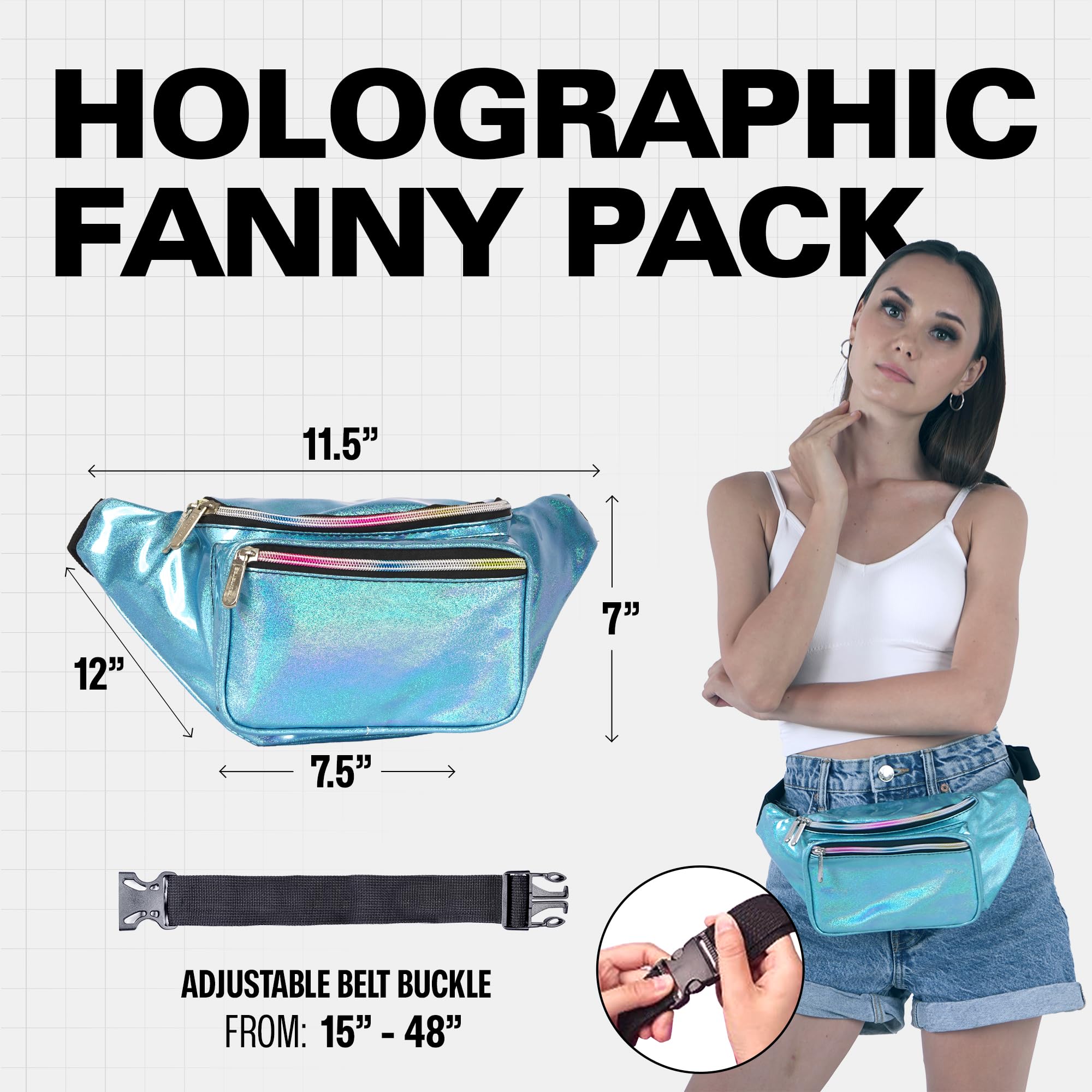 Holographic Fanny Pack Belt Bag for Men & Women - Waterproof Crossbody Waist Bag - Hands-Free Bumbag for Hiking, Running, Travel & Everyday Use - Blue Glitter - Perfect for Outdoor Adventures, Gym & Shopping
