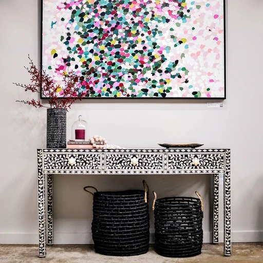 Handmade Black Bone Inlay Floral Pattern Console Table with Drawers - Luxury Entryway Hall Table for Foyer, Living Room & Home Decor