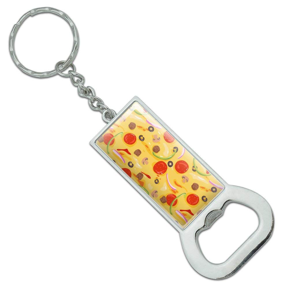 Vintage Pizza Pattern Bottle Opener Keychain - Chrome Plated Metal with Pepperoni, Olives & Onions Design | Perfect for Bartenders, Pizza Lovers & Unique Gift Ideas