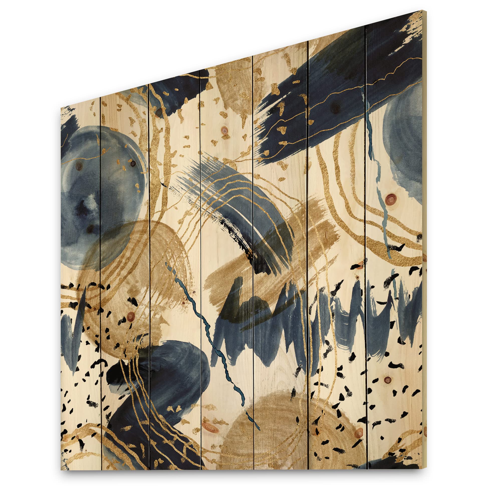 Modern Blue & Gold Abstract Wood Wall Art - Large Pine Panel for Home Decor