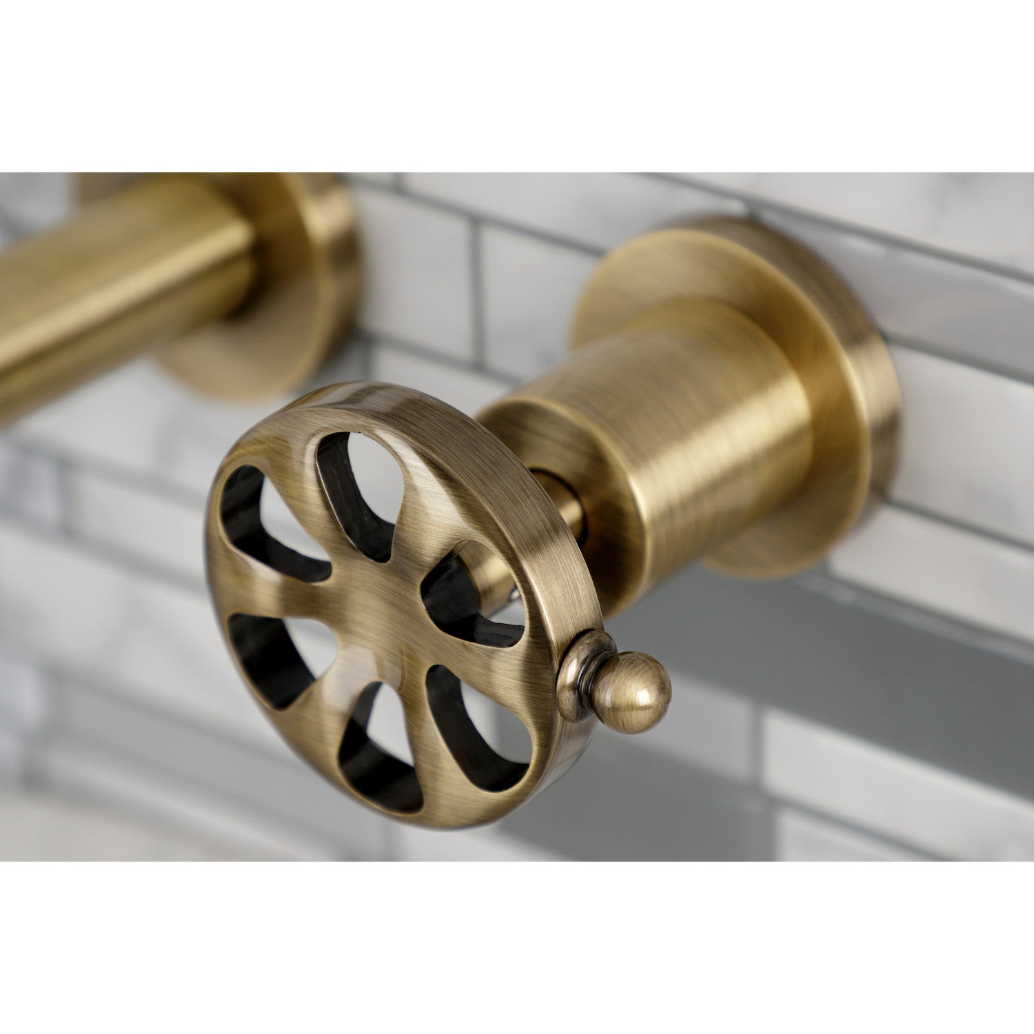 Belknap KS8123RX 3-Hole Wall Mount Bathroom Faucet with Double Handles in Antique Brass - Perfect for Vintage Style Bathroom Renovations and Spa-Like Showers