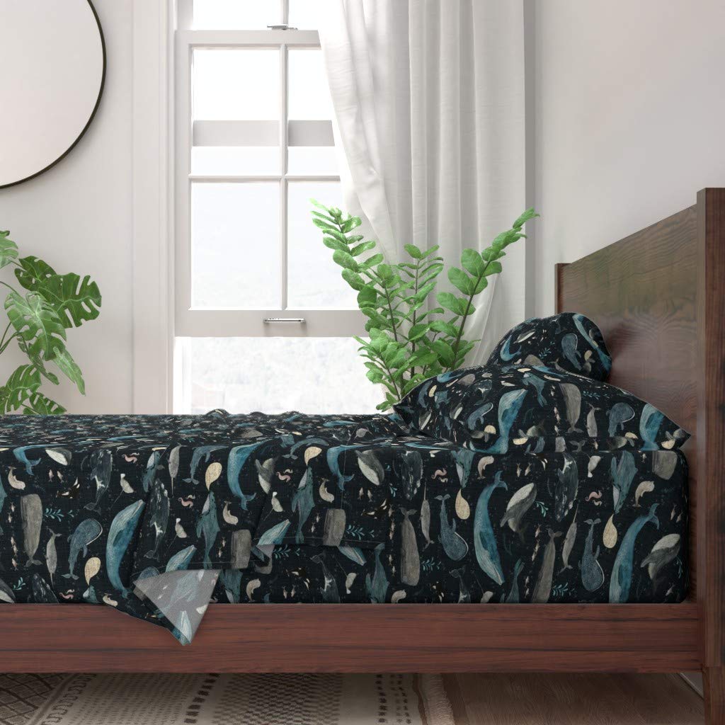 Watercolor Whales Charcoal Sea Life Twin 3-Piece Cotton Sheet Set | 100% Breathable Soft Bedding for Kids Room & Nautical Themed Nursery | Perfect for Boys, Girls & Ocean Lovers