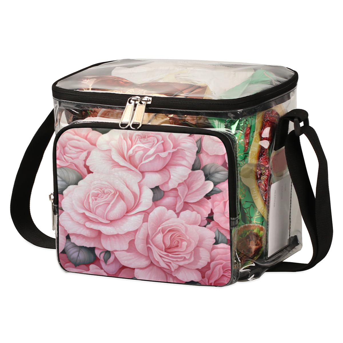GzLeyigou Clear Transparent Tote Bag with Pink Rose Flowers - Valentine's Day Shoulder Bag for Women, Crossbody Purse for Outdoor Travel, Picnic, Concerts & Sports Events (Stadium Approved) - Perfect for Date Night, Beach Outings and Festival Accessories