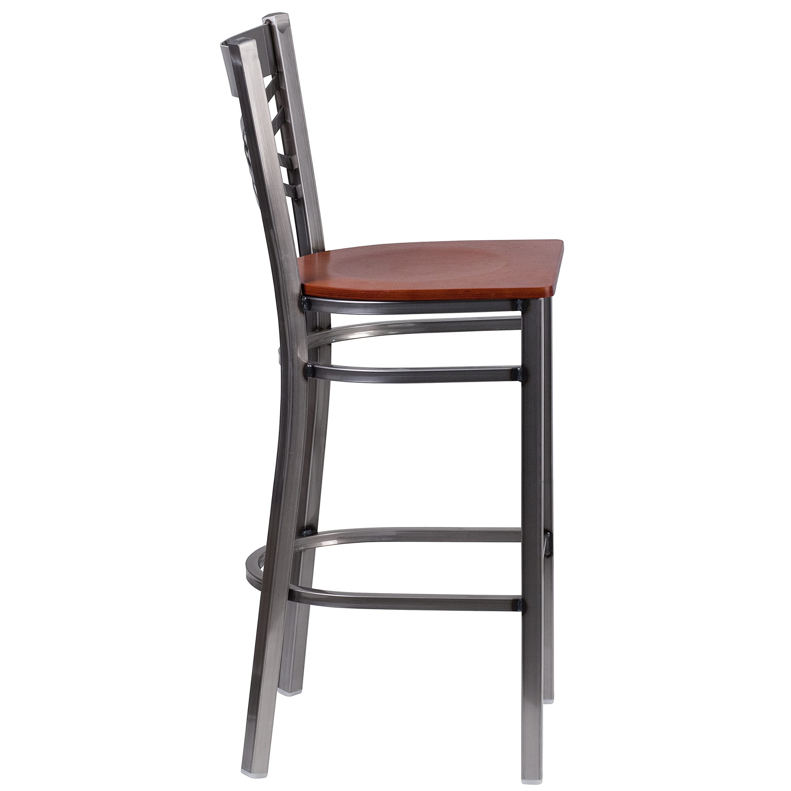 Flash Furniture HERCULES Series Clear Coated X-Back Metal Bar Stool with Cherry Wood Seat - Commercial Restaurant & Home Bar Counter Stool for Kitchen Island, Pub, and Dining Room