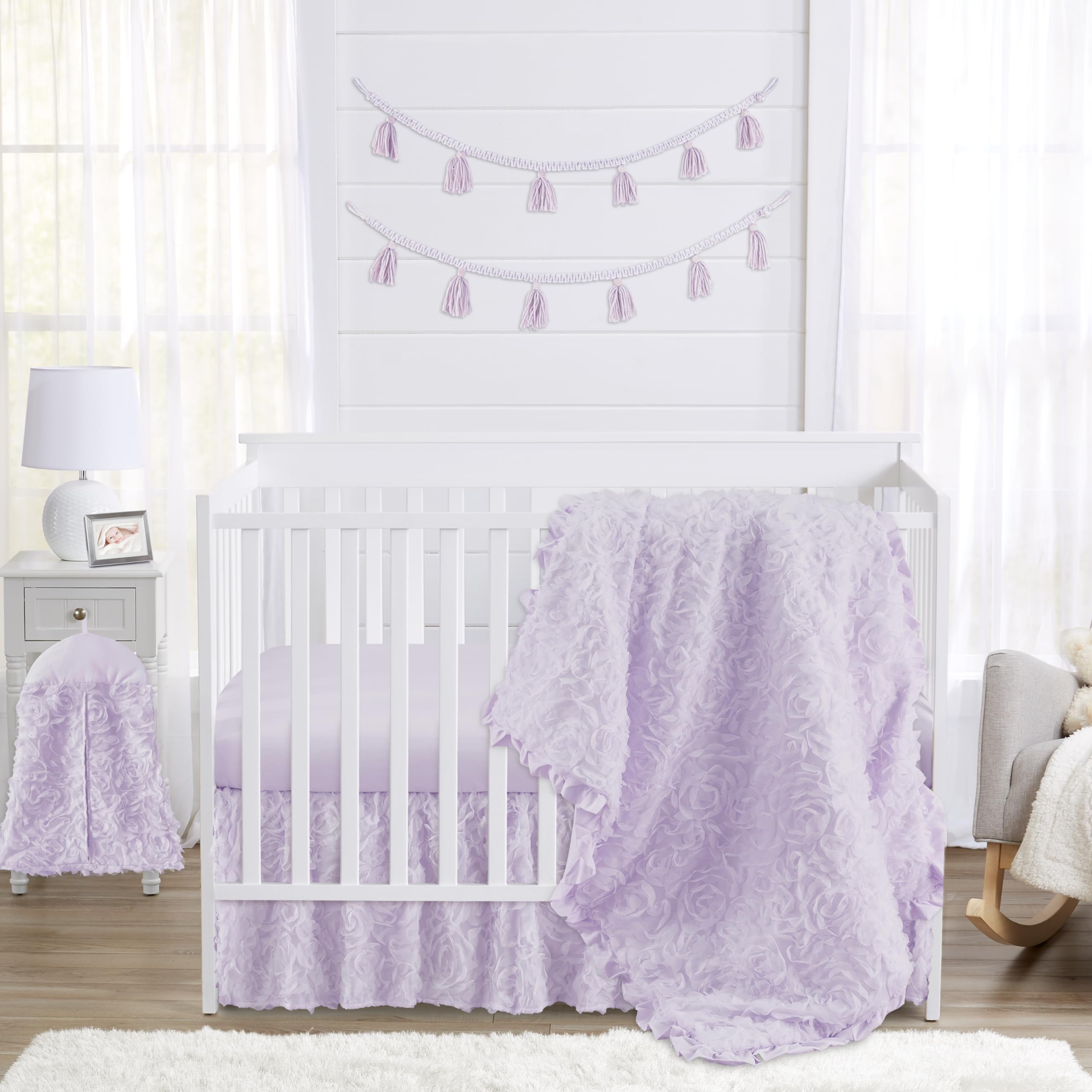 Sweet Jojo Designs 4-Piece Baby Crib Bedding Set - Purple Lavender Floral Rose Pattern for Girls Nursery, Includes Blanket, Fitted Sheet, Skirt & Diaper Stacker | Elegant Princess Luxury Crib Set with Ruffle Roses | Perfect for Newborns, Baby Showers & Nursery Decor