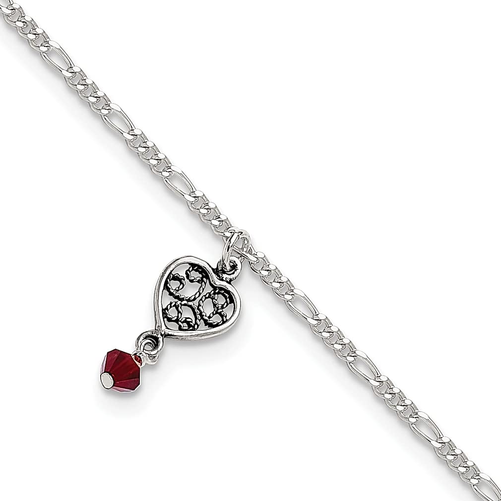 925 Sterling Silver Dark Pink Crystal Heart Anklet - 10 Inch Adjustable Beach Chain Bracelet for Women, Dainty Love Jewelry Gift for Her - Perfect for Summer, Vacations & Romantic Occasions
