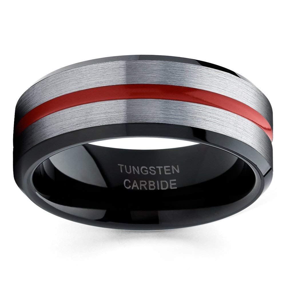 Red Tungsten Carbide Wedding Band for Men & Women - Comfort Fit Anniversary Ring - Durable Black & Red Tungsten Ring for Everyday Wear, Engagement, and Special Occasions
