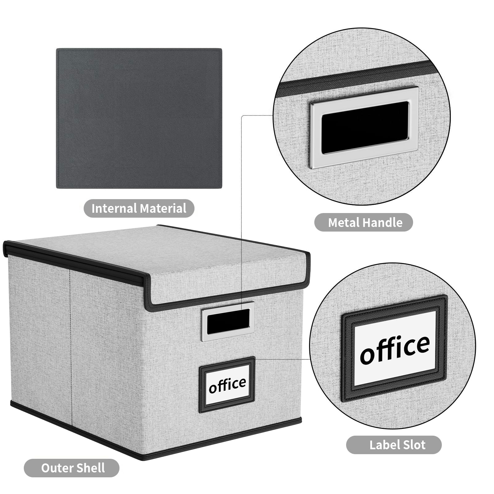 Huolewa Upgraded Collapsible File Storage Organizer Boxes with Lids - Portable Large Linen Hanging Filing Box for Home & Office Organization - Decorative File & Folder Storage System (Grey, 2-Pack) - Perfect for Desk, Closet, and Document Management