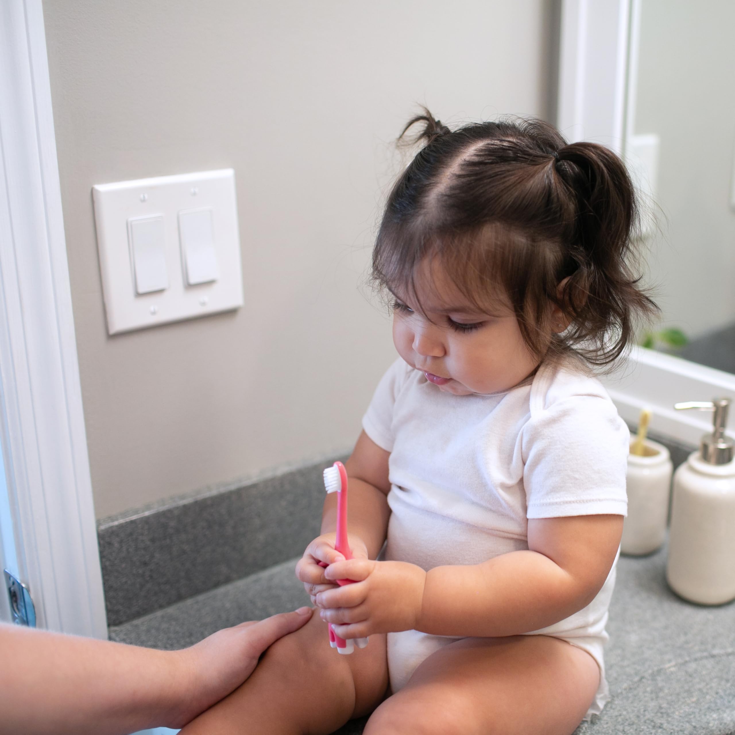 Dr. Brown's Soft Baby Toothbrush for Infants & Toddlers 0-3 Years - Gentle First Teeth Cleaning - Pink Elephant Design (Colors Vary) - Perfect for Baby's Oral Care Routine & Early Dental Hygiene