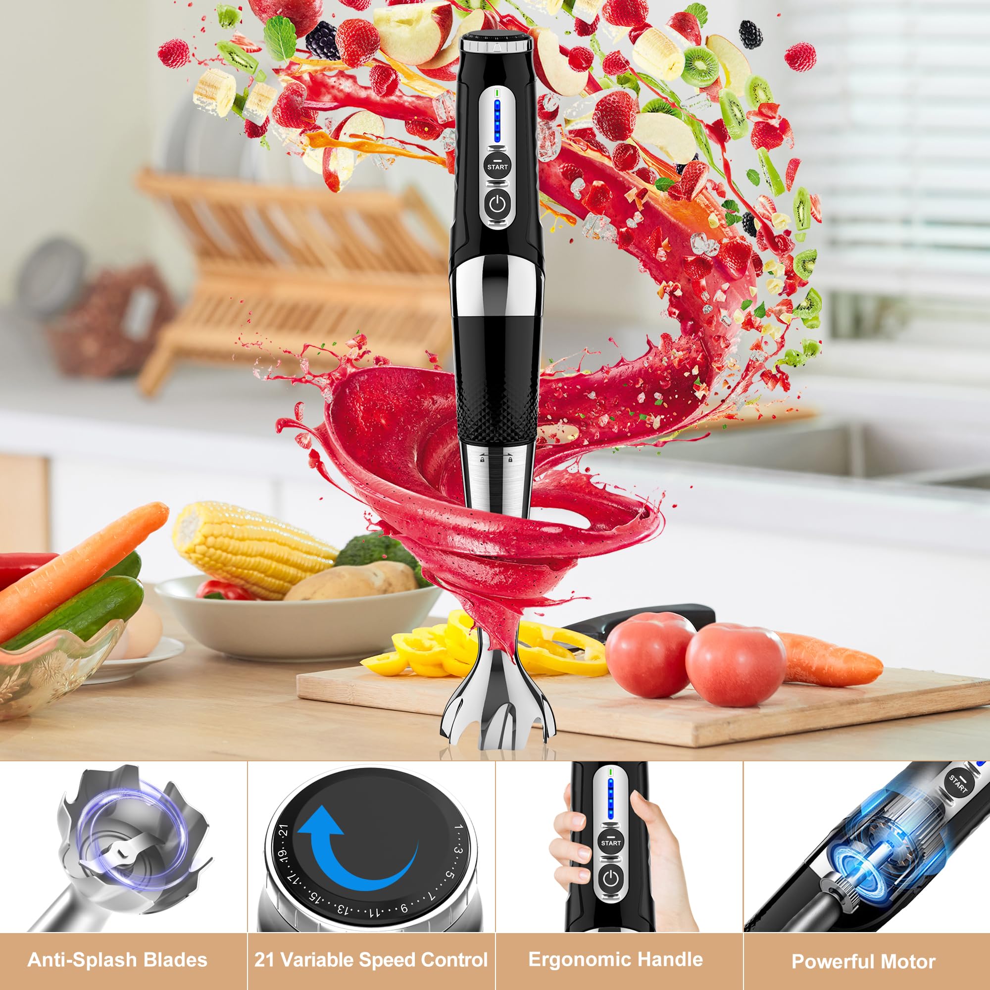4-in-1 Cordless Immersion Blender - Rechargeable Hand Blender with 21 Speeds & Adjustable Angle, Includes 700ml Chopper, Beaker, Egg Whisk & Beater for Smoothies, Soup, Baby Food - Perfect for Kitchen, Home Cooking & Meal Prep (Black)