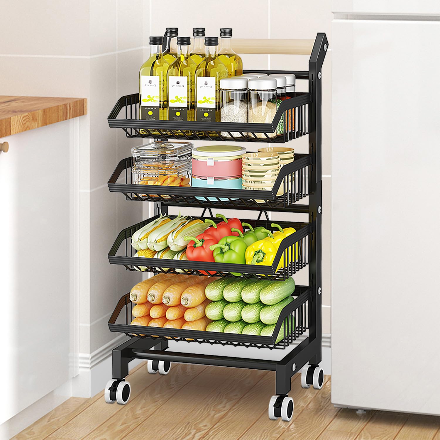 4-Tier Rolling Kitchen Cart with Wheels - Adjustable Metal Wire Storage Rack for Pantry, Fruits & Vegetables - Black Snack Organizer with Wooden Handle for Home, Office & Dorm Use