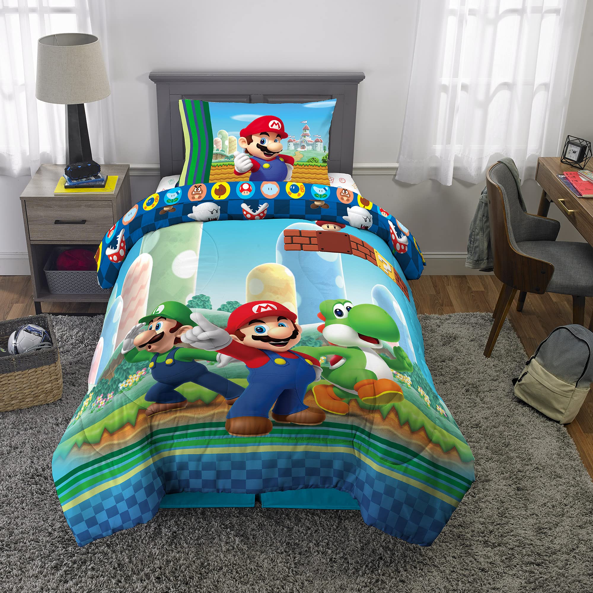 Super Soft Franco Kids Bedding Set - 4 Piece Twin Size Comforter & Sheet Set with Mario Design | Perfect for Boys' Bedroom Decor & Gift