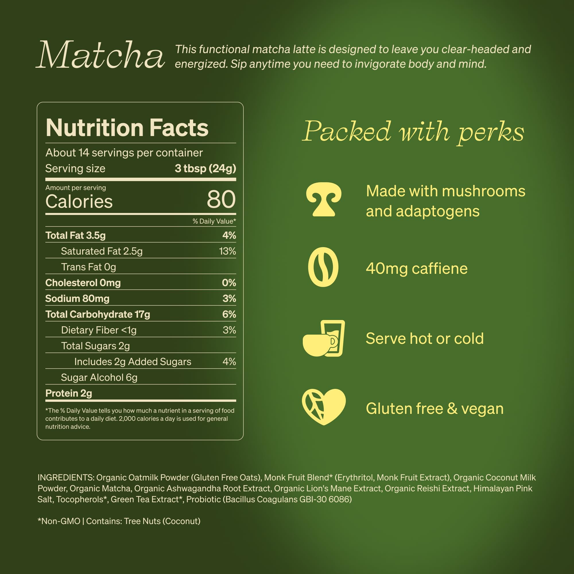 Organic Matcha Green Tea Latte Powder - Instant Ceremonial Grade Superfood Blend with Oat Milk, Lions Mane, Reishi Mushroom & Ashwagandha | Hot or Iced Drink | Vegan, Gluten-Free | 12 oz | Perfect for Morning Energy, Afternoon Focus & Relaxing Evenings