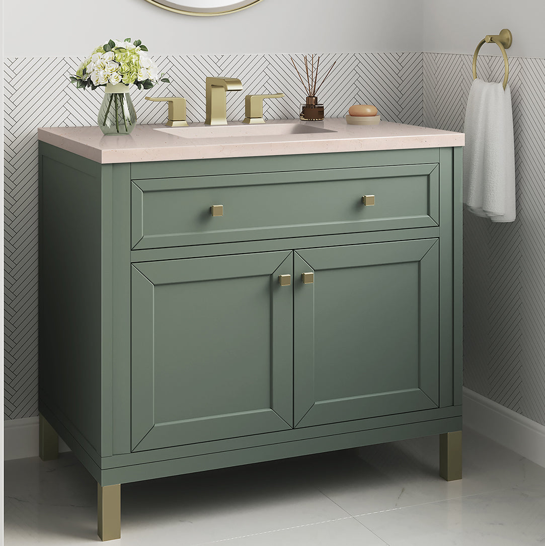 James Martin Vanities Chicago Collection 36 Inch Single Bathroom Vanity in Smokey Celadon with Countertop Options - Modern Farmhouse Style for Small Bathrooms & Powder Rooms