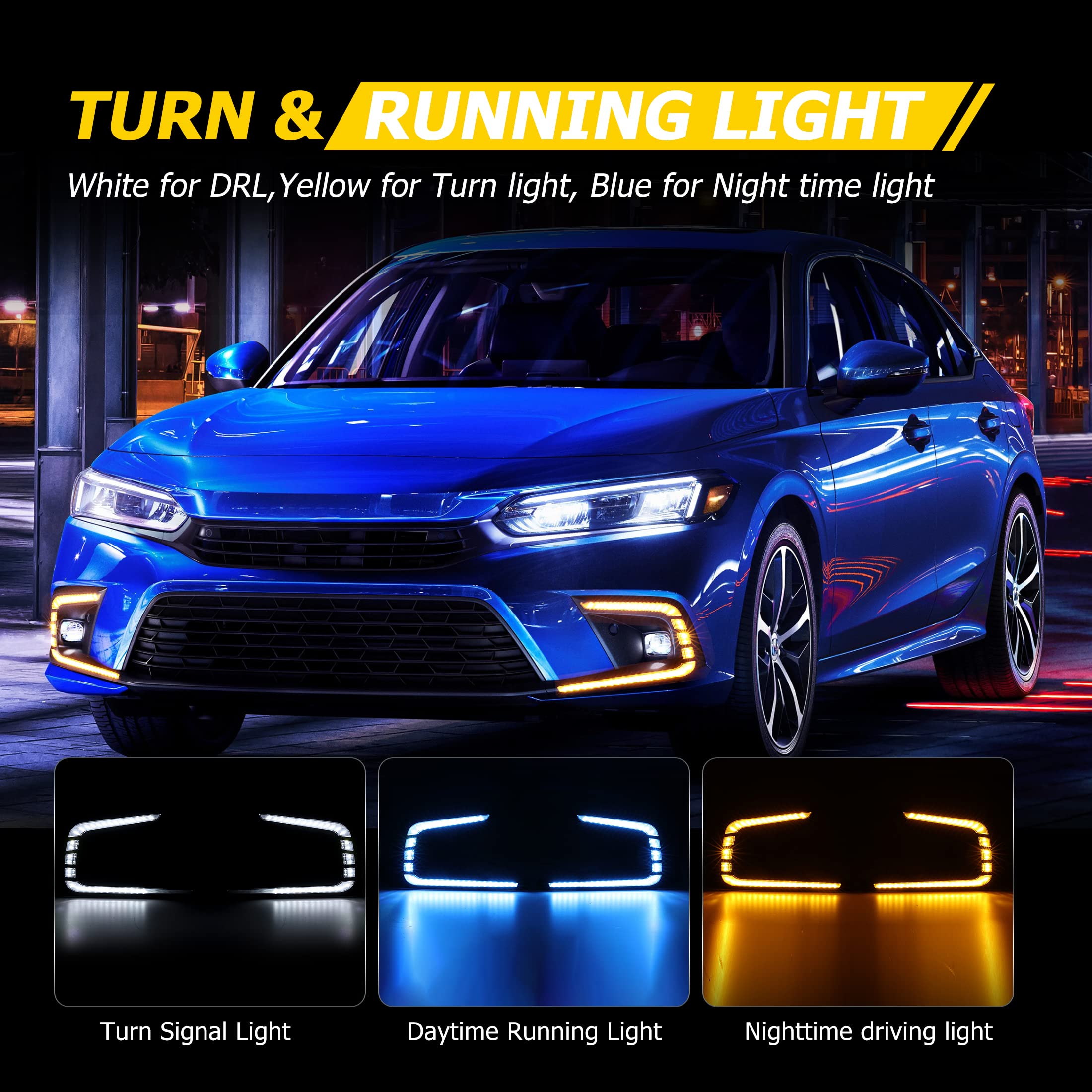 AUXMART LED Daytime Running Lights (DRL) for Honda Civic 2021-2022 - Tri-Color Fog Lights with Turn Signal Function, Bezel & Wiring Harness | Upgrade Your Civic's Style & Safety for Day/Night Driving