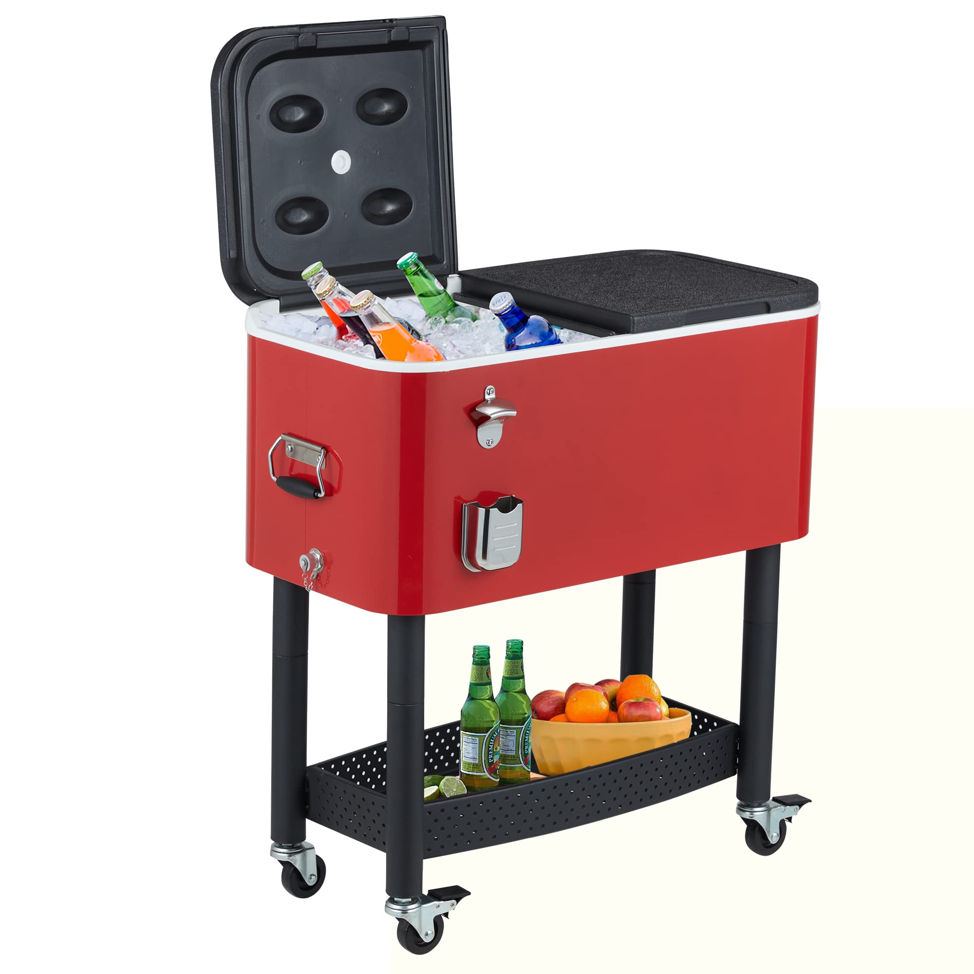 YOLENY 80 Quart Rolling Cooler Cart with Wheels & Bottom Shelf - Portable Ice Chest for Parties, Backyard BBQs, Tailgating & Outdoor Events - Includes Bottle Opener, Cap Catcher, Drain Plug & Locking Wheels - Red/Grey