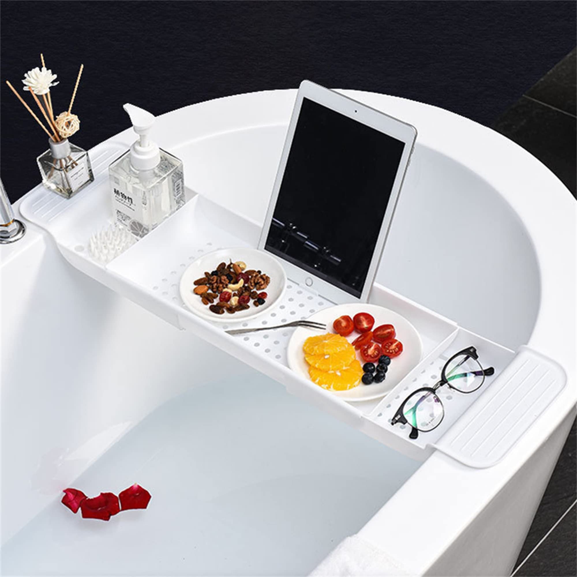 Expandable Bathtub Tray - Adjustable Bath Shelf for Shower & Spa, Multifunctional Bathtub Caddy Organizer for Bath Toys, Books & Accessories (White, One Size) - Perfect for Relaxing Baths, Spa Days & Kids Bath Time