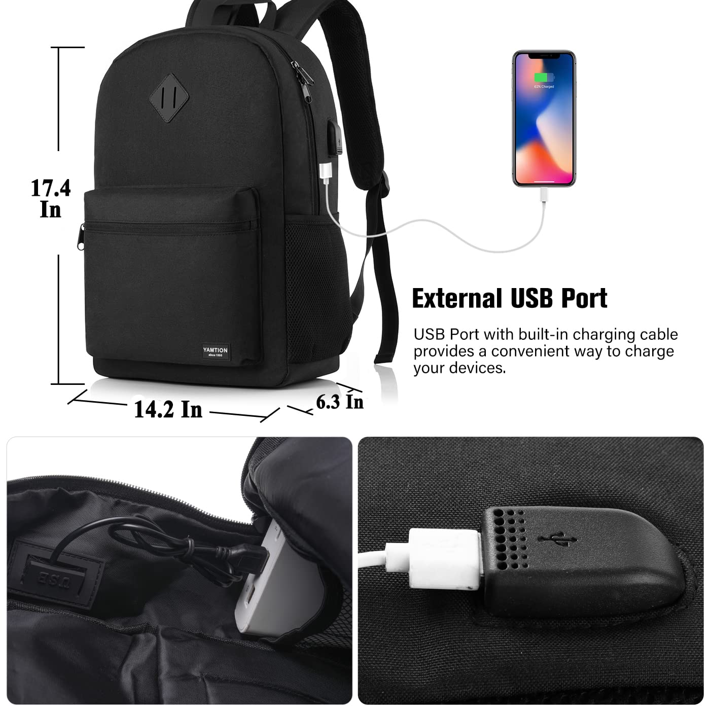 Stylish Black Backpack for Women & Men - 15.6 Inch Laptop Bookbag with USB Charger Port | Water-Resistant School Backpack for College, High School Students | Perfect for Travel, Work & Daily Commute