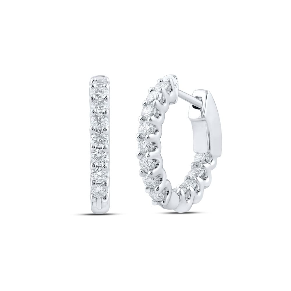 14Kt White Gold Women's Round Diamond Inside Outside Hoop Earrings - 1 Cttw | Elegant Everyday Jewelry for Work, Parties & Special Occasions