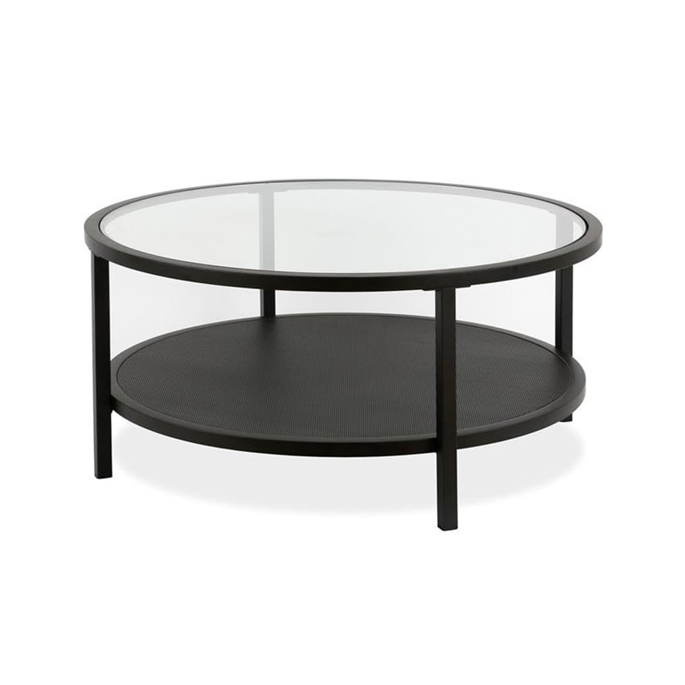 Black Metal Rectangular Mesh Shelf with Glass Top Coffee Table - Modern Living Room Furniture for Home Decor & Storage
