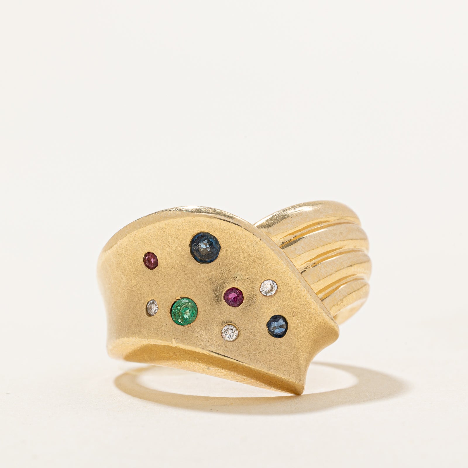 Multi Gemstone & Diamond Grooved Chevron Ring | 0.15ctw Diamonds, 0.03ctw Gemstones | Size 1.75 | Elegant Wedding Band, Anniversary Gift for Her, Stackable Ring for Everyday Wear