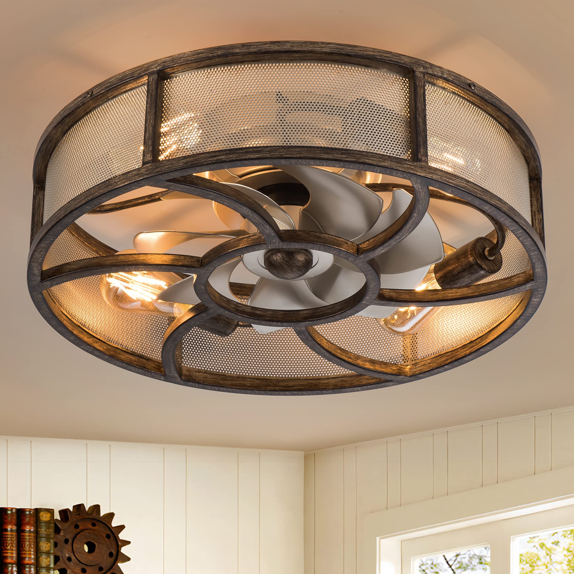 21'' Low Profile Bladeless Enclosed Ceiling Fan with Light & Remote Control - 6 Speed Reversible Rustic Farmhouse Style with 5 Bulbs - Perfect for Bedroom, Kitchen, Living Room & Indoor Spaces