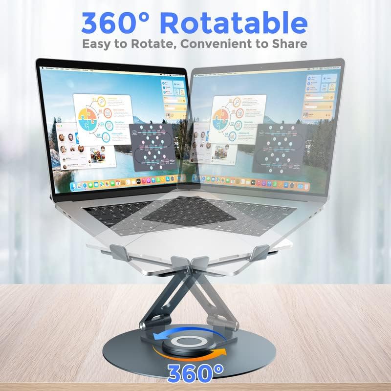 Swivel Laptop Stand for Desk - Adjustable Height, 360° Rotating Base, Foldable Ergonomic Riser, Portable Laptop Holder for MacBook & All 10-17'' Laptops, Grey - Perfect for Home Office, Gaming & Study
