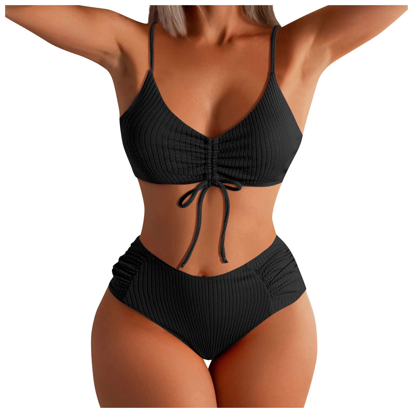 Women's High Waist Bikini Set - Adjustable Drawstring, Removable Chest Pads, No Bra Needed, Striped Ruching Design for Perfect Fit | Beach Vacation, Pool Party, Summer Swimwear