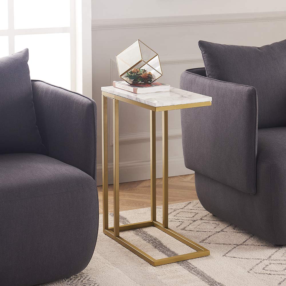 Modern Gold C-Shape Side End Table with Faux Marble Tray - Sturdy Metal Frame Snack Table, Laptop Stand & Coffee Holder - Compact Living Room, Bedroom, Office Furniture (1 Piece)