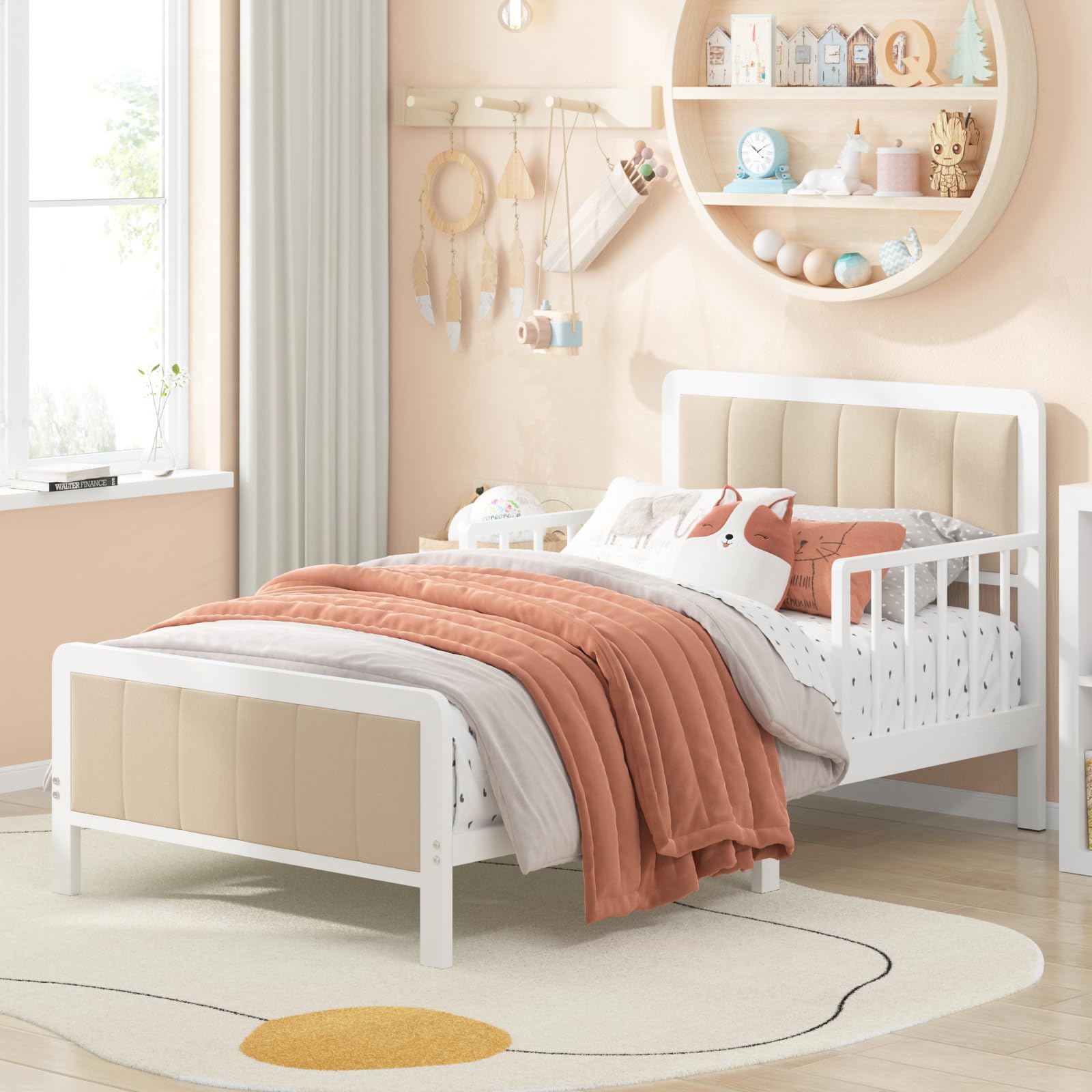 Timy Toddler Bed with Upholstered Bedside - Safe Metal Crib Bed Frame with Guardrails for Boys & Girls - White - Perfect for Nursery, Daycare & First Big Kid Bed Transition