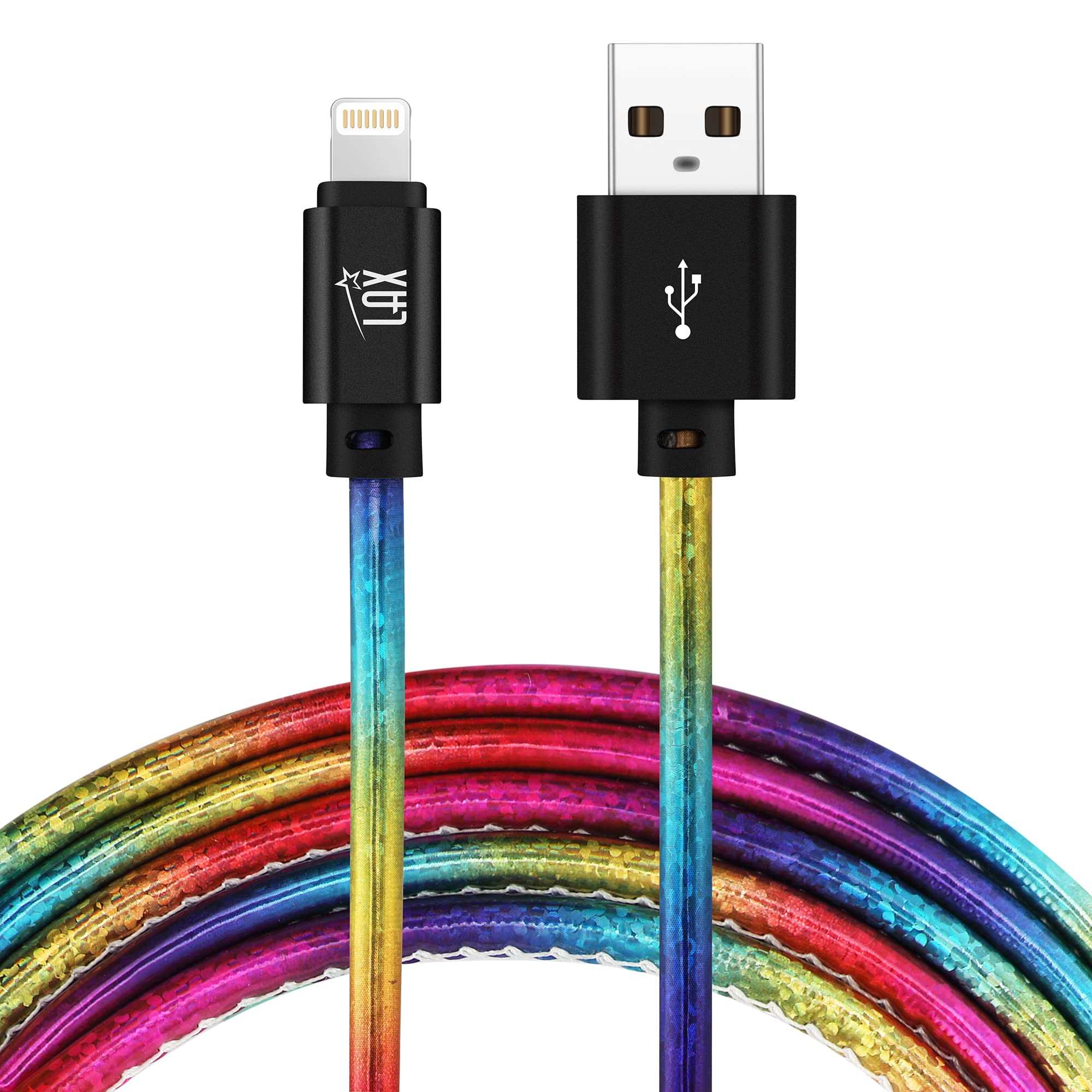LAX Gadgets USB A to Lightning Cable - Apple MFI Certified Fast Charging Cable for iPhone, iPad, iPod - 6ft Glitter Rainbow Premium Stitched Design - Perfect for Home, Office & Travel Charging